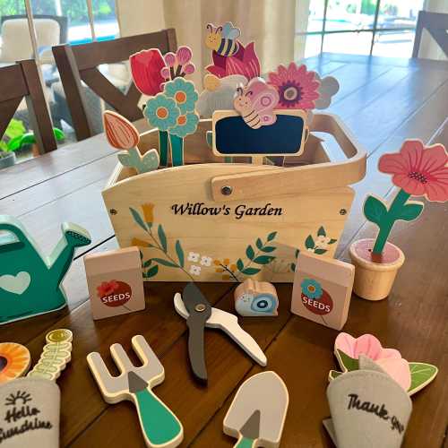 Personalized Wooden Garden Toy Birthday Gift for Girls Custom Name Garden Box Montessori Flower Set with Tools Garden Gift for Kids Christma