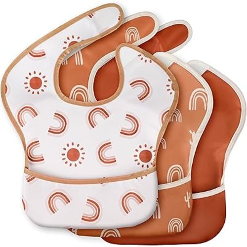 3-Pack Waterproof Baby Bibs for Eating - Mess Proof Lightweight Toddler Feeding Bibs with Large Food Catcher, Food-Grade Baby Eating Essentials, Easy to Put On & Clean (Orange Rainbow)