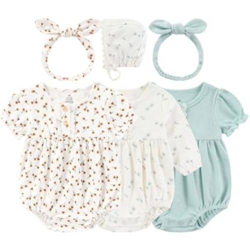 Kiddiezoom Baby Girl Cotton Fresh floral fragments Bubble Romper Cute straps and headscarves
