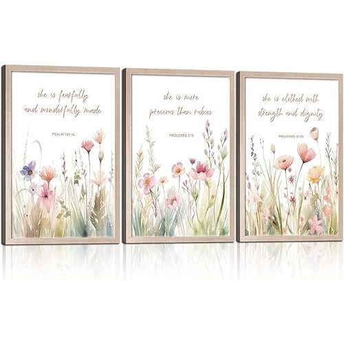 3Pcs Christian Floral Scripture Canvas Wall Art, Wildflower Bible Verse Posters Wall Decor, Psalm Religious Faith Art Pictures Prints for Living Room Bedroom Decorations 24x16in Framed