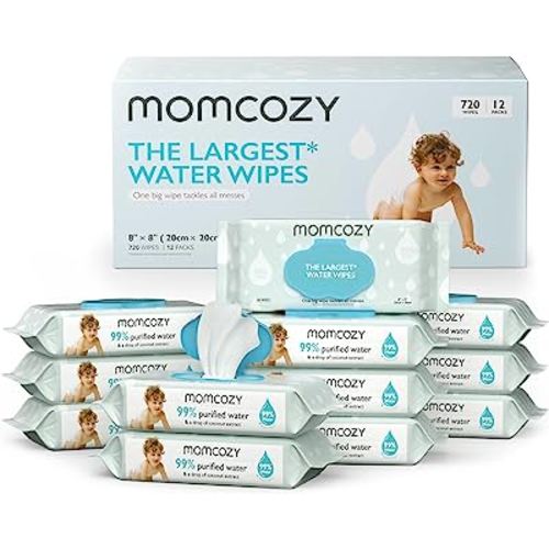 Baby Wipes, Momcozy Sensitive Water Wipes-Extra Large Size Design, One Top Two, 99% Purified Water, Unscented & Hypoallergenic, Friendly to Sensitive Skin, 12 Flip-Top Packs (720 Wipes Total)
