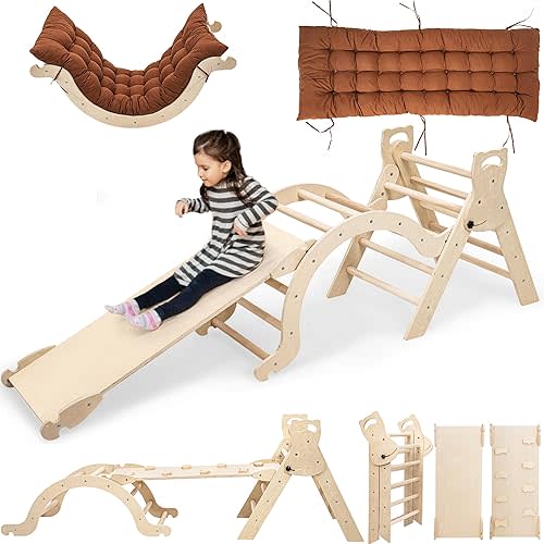 Pikler Triangle Set with Cushion, Arch and Slide, Toddler Climbing Toys Indoor Playground, Montessori Climbing Set, Indoor Jungle Gym, Wooden Pickler-3 Piece Climbing Gym for Kids 1-4yr