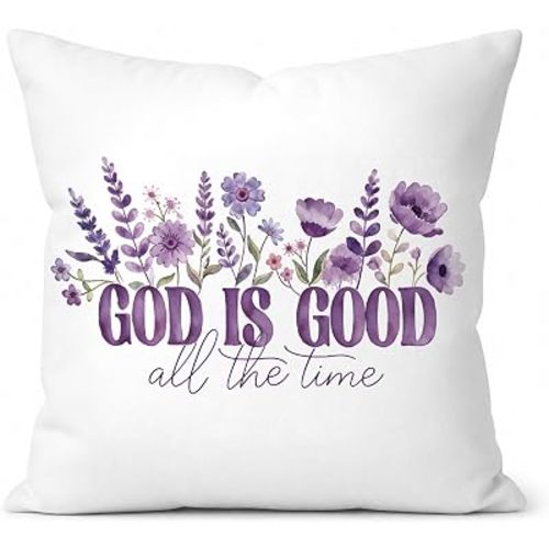 Purple Floral Christian Decorative 18x18 Pillow Cover, Purple Decor for Bedroom, God is Good All The Time Bible Verse Throw Pillow Covers Pillowcases for Home Living Room Bedroom Decor