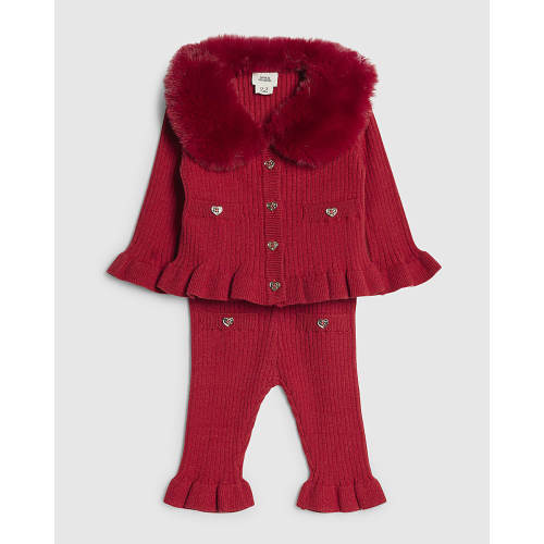 Baby Girls Red Fur Collar Peplum Top Set