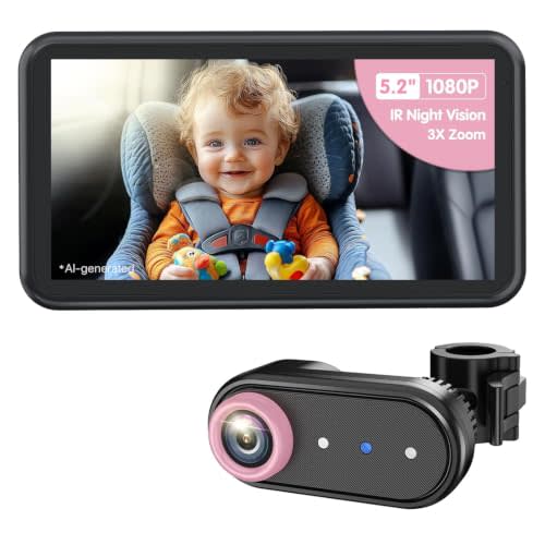 LUCKVIEW Baby Car Camera Monitor for Rear-Facing 3X Zoom Infant Monitor | Wide Angle 1080P HD Display, Auto IR Night Vision 5.2" for Kid & Pet Safety, USB Easy Install for New Parents (Pink)