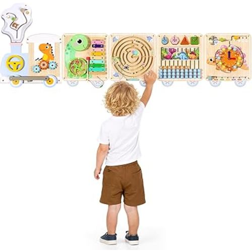 Train Activity Wall Busy Board,15-in-1 Sensory Wall Panel for Kids,Wooden Montessori Busy Board for Toddlers,Sensory Wall Toys for Playroom,Preschool,Daycare,Nursery,Classroom