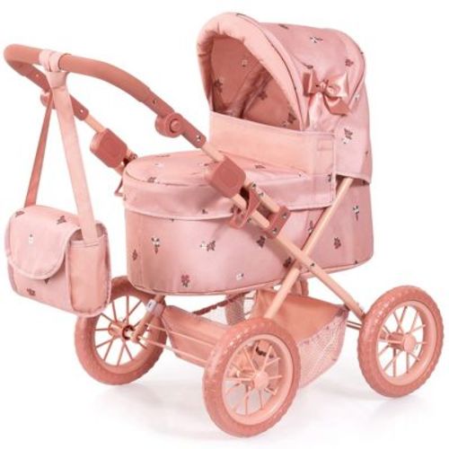 Bayer Design Doll Pram Trendy Pink and Flowers Play Push Stroller Fits 18" Dolls, Kids 3+