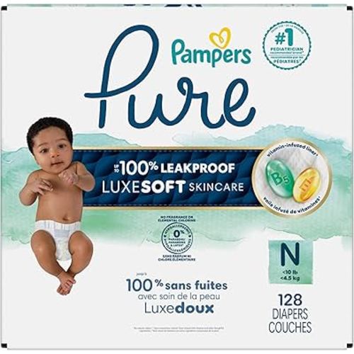 Pampers Pure Protection Diapers, Size N, for Up to 100% Leakproof, Plant-based Skin Protection, 1 Pack (Count of 128)