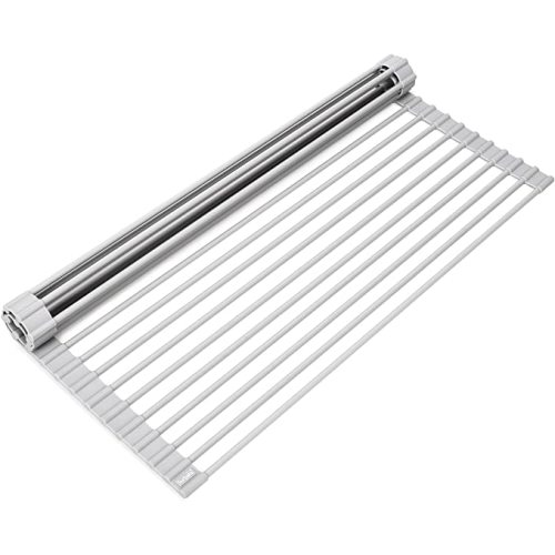 17.5 x 13.1 Inch Roll-Up Dish Drying Rack, Fits Across Sink Openings up to 16.5 Inches, Heavy-Duty Premium Silicone, Strong Support, Non-Slip, Heat-Resistant, Warm Gray