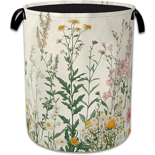 Wildflowers Laundry Hamper With Handle,Foldable Oxford Cloth Vintage Herb Flower Botanical Laundry Basket,20.8"x16" Clothes Storage Basket for Laundry Room/Bedroom/Bathroom