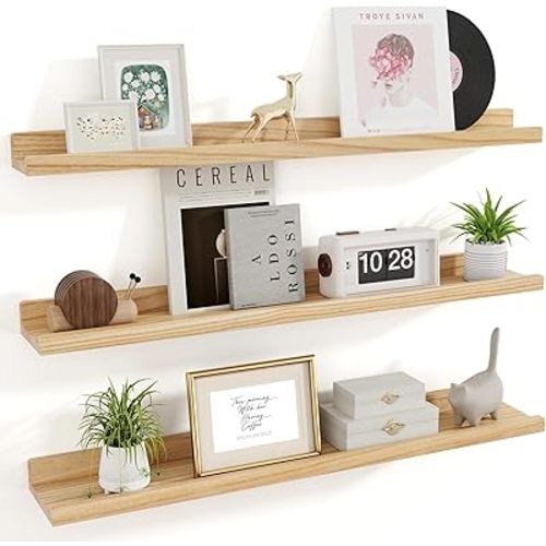 RICHFOCUS Floating Shelves for Wall, 36 inch Solid Wood Picture Ledge Shelf for Wall Storage, Nursery Book Shelves with Lip for Living Room Bathroom Bedroom Kitchen, Set of 3, Natural