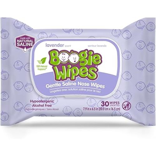 Boogie Wipes Gentle Wet Wipes for Baby & Nose, Made with vitamin E, Aloe, Chamomile and Natural Saline, Lavender Scent, 30 Count