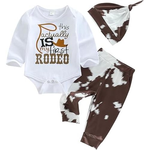 SAYOO This Is My First Rodeo Country Cowboy Funny Infant Baby Boy Bodysuit Long Pants Hat 3Pcs Western Coming Home Outfit