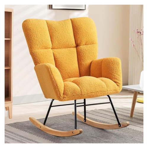 Nursery Rocking Chair, Teddy Upholstered Glider Rocker with High Backrest Armchair, Modern Rocking Accent Chairs for Nursery, Living Room, Bedroom, Offices (Yellow)