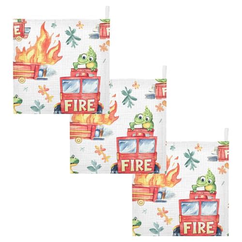 YETTASBIN Watercolor Fire Truck Muslin Baby Hand Washcloths, Soft Cotton Bath Face Towel, 4 Layers Extra Absorbent Feeding Burp Cloth for Newborn Infant, 3 Pack