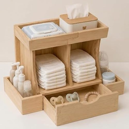 Diaper Organizer with Drawer, Wooden Changing Table Organizer for Baby Essentials, Large Capacity Baby Diaper Caddy with Multi Compartment Nursery Storage