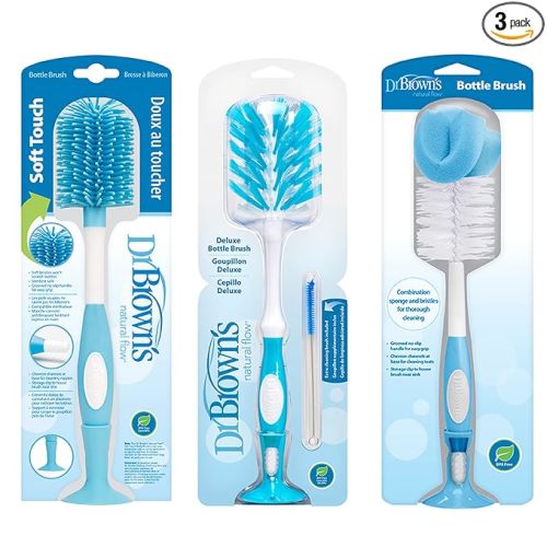 Dr. Brown's Baby Bottle and Nipple Brush Deluxe Cleaner, Soft Touch, and Sponge Brushes, Blue Variety Pack, 3 Count