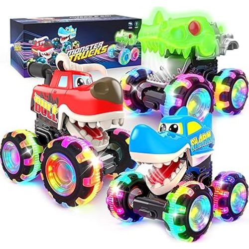 Monster Truck Toys, 3 Pack Light Up Cars for Toddlers, Baby Animal Toy Trucks Dino Cars with LED Lightning Wheels, Press & Go Car with Moving Mouth for Kids Boys Girls Christmas Birthday Gifts