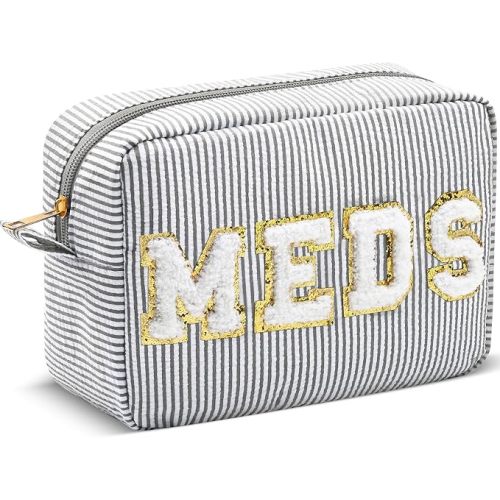 Sanwuta Seersucker Cosmetic Bags Medicine Bag Chenille Letter Seersucker Makeup Bags Stripe Women Pouch Large Preppy Storage Pouch Toiletry Travel Organizer for Traveling Women