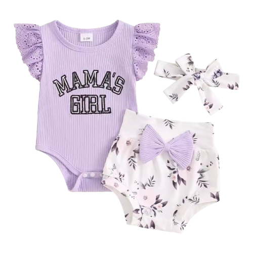 LNMQLPDBS Toddler Sets for Girls Summer Knit Ribbed Letters Print Lace Fly Sleeve Romper & Floral Print High Waist Shorts & Bow Headband 3pcs Outfits Newborn Baby Girl Clothes Purple 0-3 Months