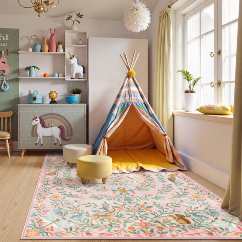 Charlton Home® Goldene Machine Washable Animal Floral Pink Kid Rugs For Playroom Bedroom Living Room Non Slip Soft Low Pile Unicorn Vintage Carpet | Wayfair