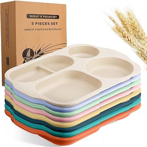 Vesici 8 Pcs Large 12 Inch Unbreakable Divided Plates for Kids Adults - Wheat Straw Tray - Microwave Dishwasher Safe - Reusable Plastic Compartment Plates(Multicolor)