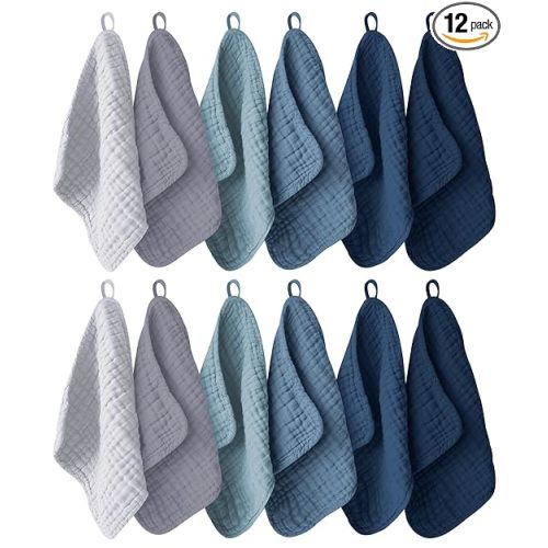 Ease Cubs 12 Pack Muslin Washcloths for Baby - 100% Cotton Baby Wash Cloths for or Baby Face Body Comfy and Soft for Newborn Infants Kids Girls and Boys - 12"x12" - Slate, Grey and Navy Series
