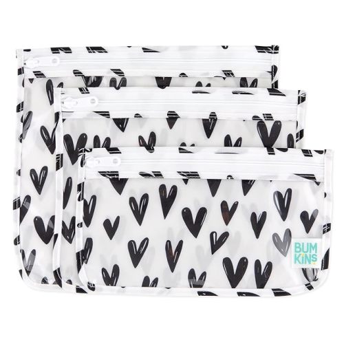 Bumkins Travel Bag, Toiletry, TSA Approved Pouch, Zip Bag, Quart Size Airline Compliant, Clear-Sided, Baby, Diaper Bag Organization, Makeup, Accessories, Packing, Set of 3 Sizes, Black Hearts