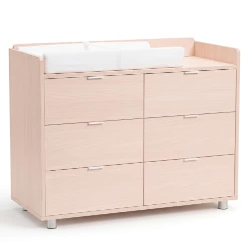 MAMAZING Keeva Pro 6-Drawer Baby Dresser with Changing Table, Easy Assembly | Washed Natural Wooden Nursery Dresser, Anti-Tip Design & Adjustable Feet, Dresser for Bedroom, Kids & Toddlers, 44" Wide