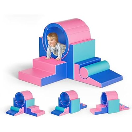 Lischwert Foam Climbing Blocks for Toddlers 1-3, 5pcs Soft Play Set with Tunnel Crawling Exploration Toys, Indoor Infant Safe Blocks for Baby Gym & Toddler Playground - Blue Pink