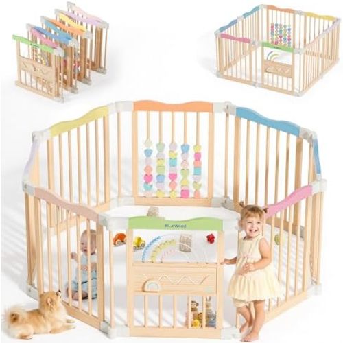 Foldable Wooden Baby Playpen, 45 x 45 x 23.6 inches, Pastel Dream, Colorful