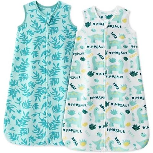 Unnivoll Fleece Baby Sleep Sack 0-6 Months 1.0 Tog Baby Wearable Blanket Microfleece Sleeping Sack with 2-Way Zipper for Newborn Infant Green & White Dinosaur
