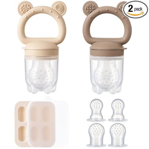 2 Pack Silicone Baby Fruit Feeder with Mini Freezer Tray, Breastmilk Popsicle Molds for Baby Teething Relief, Teethers, Fresh Food Feeder for Safe Infant Self Feeding, Extra Food Pouches - Chocolate