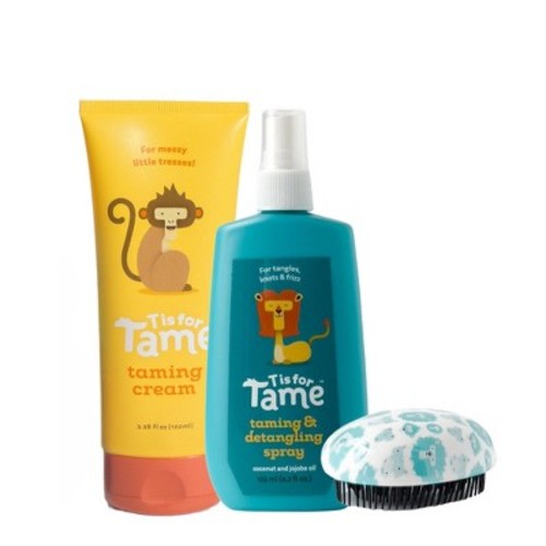 T is for Tame - Natural Taming Cream, Detangling Spray & Detangling Brush for Frizz, Flyaways & Static, Safe for Babies and Kids, 3 ct.