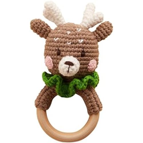Chippi & Co Crochet Baby Rattle, Crochet Baby Toys, Stuffed Baby Doll, Organic Wooden Newborn Toys, Knitted Stuffed Animals for Babies Boy, Girl, Christmas Gifts for New Parents (Baby Reindeer)