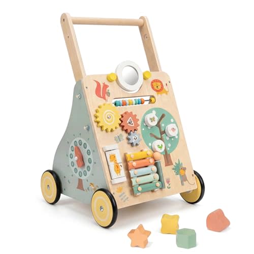 GiggleGems Wooden Baby Walker, Multiple Learning Activities Center Develops Motor Skills for Infant to Toddler, Push and Pull Walkers with Wheel for Boys Girls