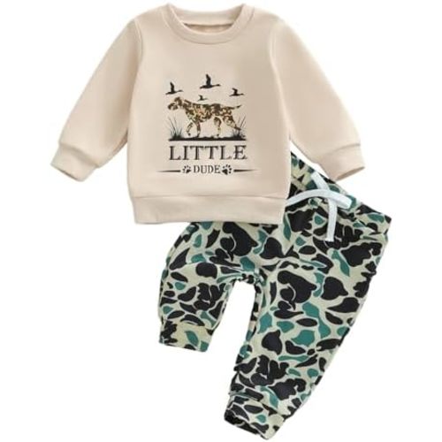 Baby Boy 2Pieces Clothes Set Toddler Little Dude Print Pullover Sweatshirts Camouflage Pants Jogger Little Boy Hunting Outfit