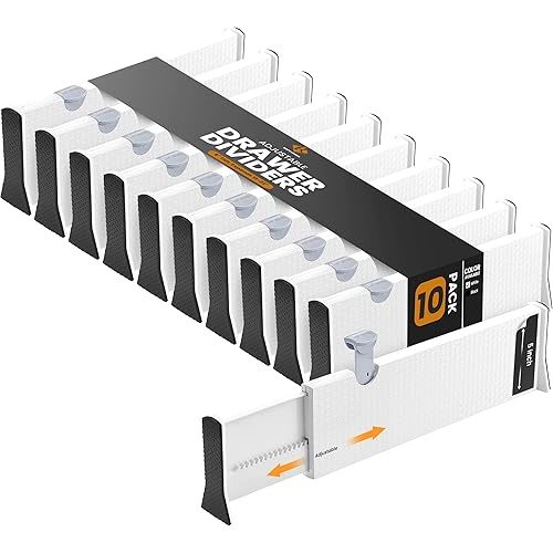 RAPTUROUS Adjustable Deep Drawer Divider – 5" Tall, Expandable 13-22", 10-Pack, Non-Slip Drawer Dividers for Clothes, Dresser, Kitchen & Office Organization (White)