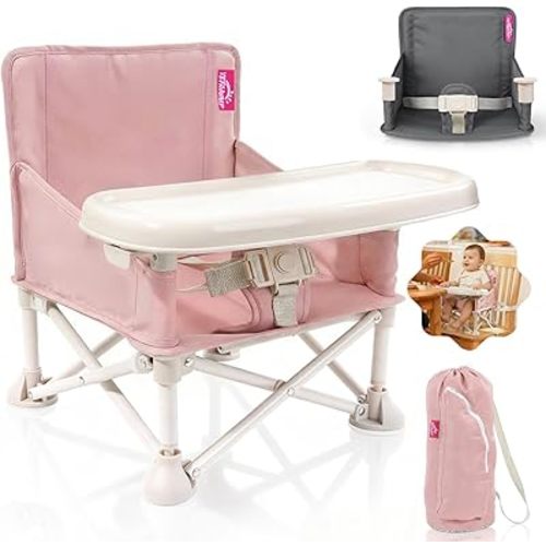 Portable Baby Chair, Baby Booster Seat with 2-Pack Seat Covers & Travel Bag for Camping & Baby Beach Chair | Toddler Folding Chair with Tray, Tip-Free Design, Straps to Kitchen Chairs