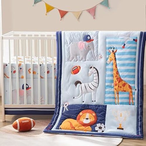 Crib Bedding Set for Baby Boys Girls, 4 Piece Oeko-TEX Certified Nursery Bedding with Fitted Sheet, Quilt, Crib Skirt, Football Plush Toy, Gender Neutral Cartoon Animal Style