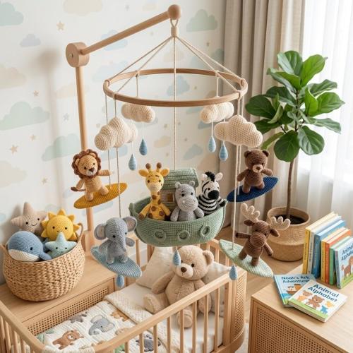 Handmade Crochet Noah's Ark Mobile | Surfing Animals, Clouds, Raindrops | Neutral Nursery Decor | L77M