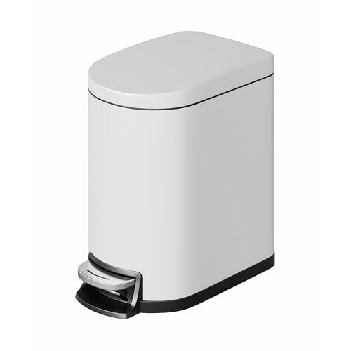 GarveeHome 1.6 Gal Step-On Trash Can, Stainless Steel Small Bathroom Garbage Bin with Soft Close Lid, Slim Space-Saving Design, Removable Inner Bucket for Bathroom, Bedroom, Office, White