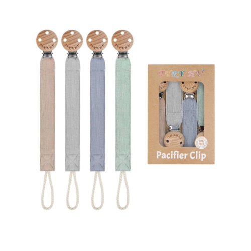 TYRY.HU Ribbon Pacifier Clip Holder,4 Pack Binky Paci Holder Clips, Pacifier Leash for Boys and Girls, Soft Webbing Strap Universal Fits for Most Pacifier, Styles & Teethers(Khaki,Grey,Blue,Green)