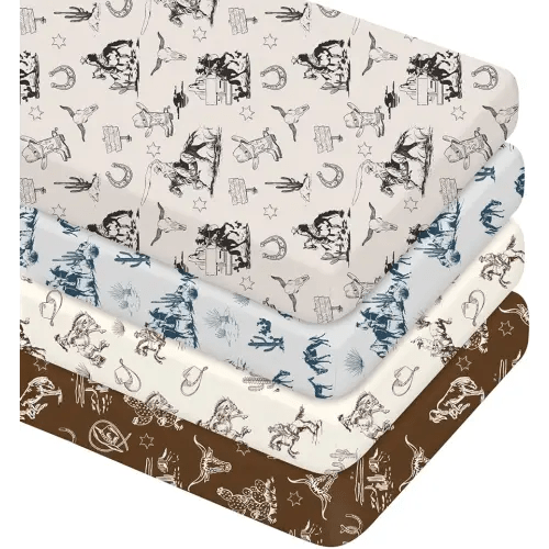 VitalCozy 4 Pcs Vintage Western Cowboy Crib Sheet Set Newborn Bedding Nursery Baby Sheets for Girl Boys Baby Gifts for Standard Crib and Toddler Mattresses, 52 x 28 x 8 Inches