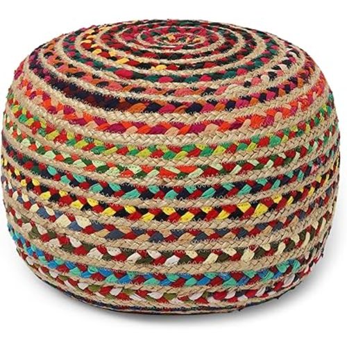 REDEARTH Round Pouf Ottoman - Braided Boho Poof Home Décor Pouffe Accent Sitting Circular Foot Rest for Living Room, Bedroom, Nursery, Kidsroom, Lounge; Jute and Cotton (19.5"x19.5"x14"; Multi)