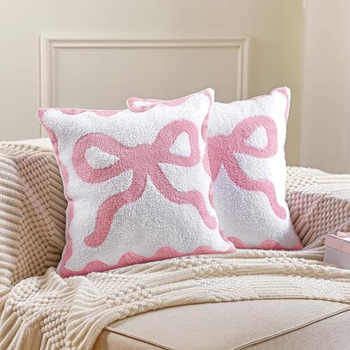 Pink Bow Pillow Covers Set of 2 Preppy Room Decor Coquette Bow Embroidered Pillow Covers Luxury Soft Pink Throw Pillowcases for Couch Sofa Bedroom Aesthetic Decor, 18x18 Inch