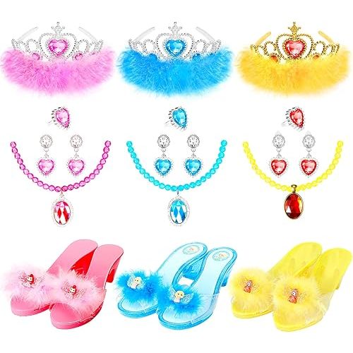 Princess Dress Up Shoes Set, Toddler Pretend Jewelry Boutique Kit, Girls Role Play Dress Up Toys, Princess Shoes Crown Necklace Earrings Ring Gift Set for Little Girls Aged 3-6 Years Old