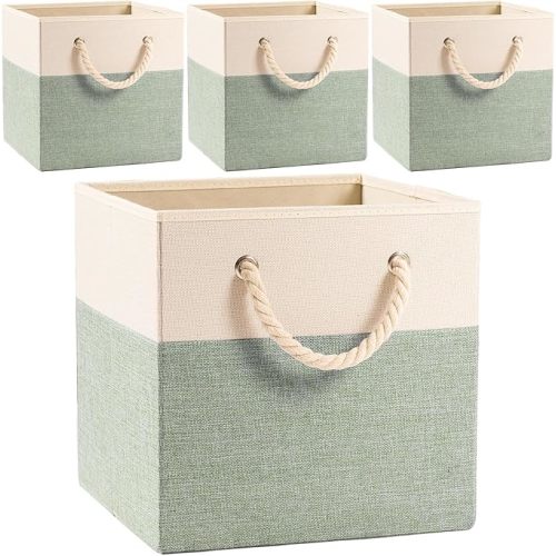 PRANDOM Large Foldable Cube Storage Bins 13x13 inch [4-Pack] Fabric Linen Storage Baskets Cubes Drawer with Cotton Handles Organizer for Shelves Nursery Closet Bedroom Beige/Green
