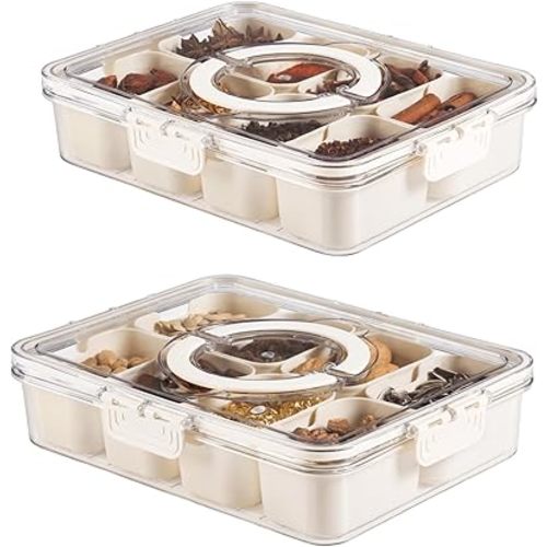 Bandesun Divided Serving Tray with Lid and Handle - Snackle Box Charcuterie Container for Portable Snack Platters - Clear Organizer for Candy, Fruits, Snacks,Nuts - Perfect (Pack of 2)