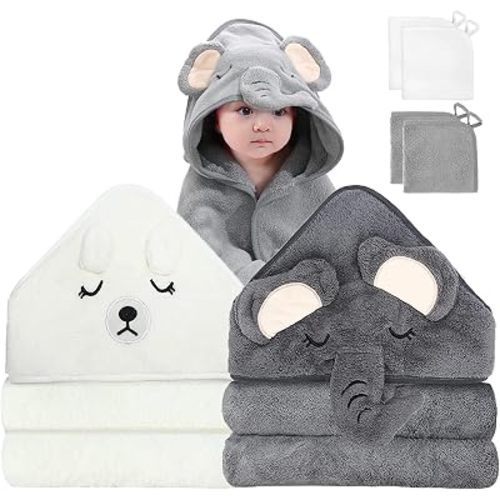 6 PCS Baby Bath Towels Set for Infants Toddlers, 2 PCS Animal Hooded Baby Towels & 4 PCS Washcloths Set, Ultra Absorbent Cute Soft Newborn Bath Essentials Gifts for Boys & Girls